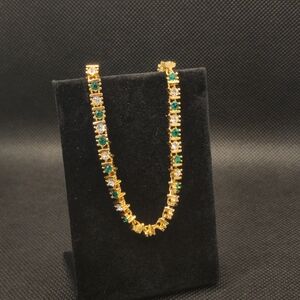 Vintage Tennis Bracelet Emerald And White Crystal Gold 8"